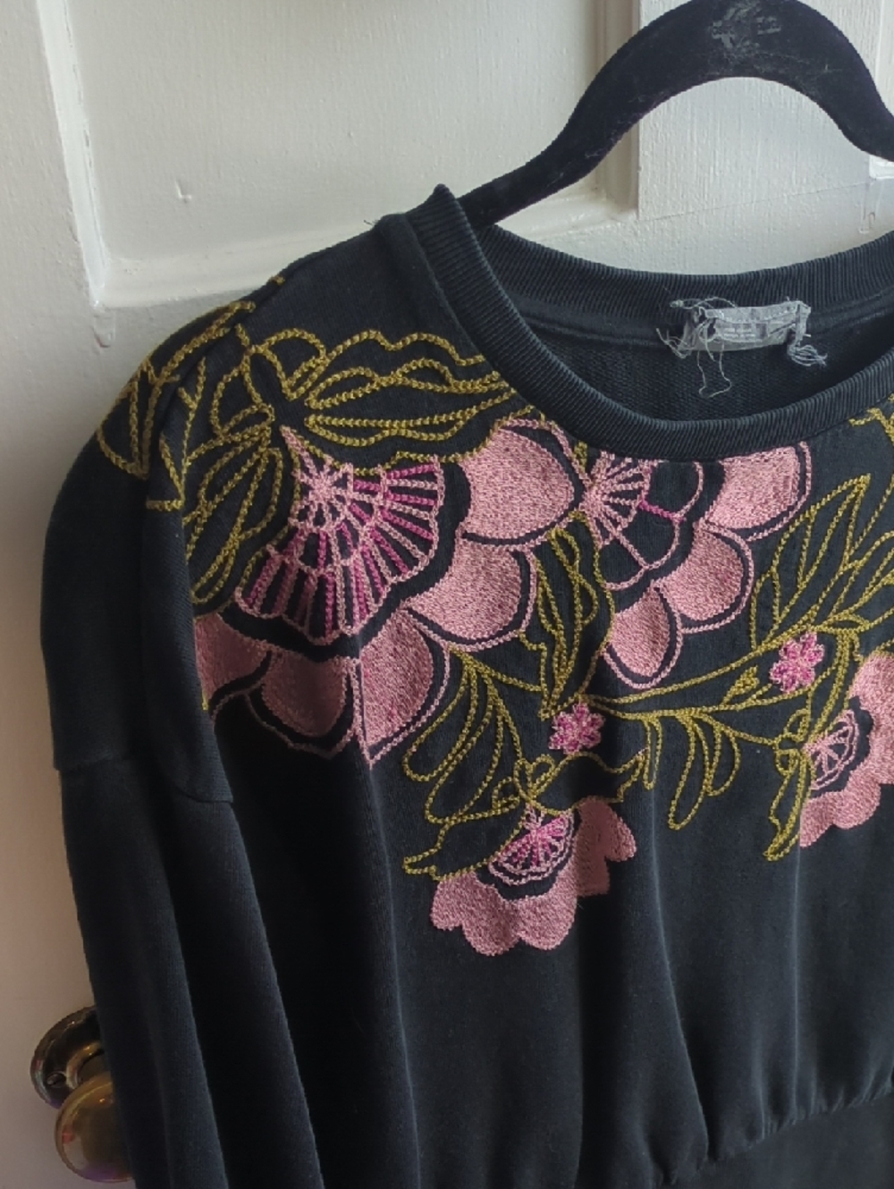 Anthropologie Black Pullover Sweatshirt with Pink & Gold Floral Embroidery - Picture 2 of 7